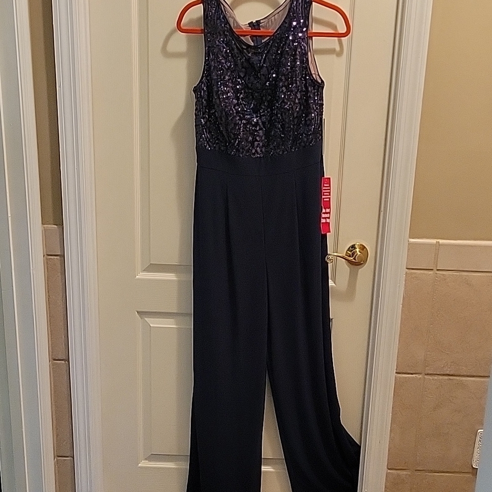 R&M Richards Navy Blue / Nude Sequin Jumpsuit Fitted waist Built-in bra 10 New